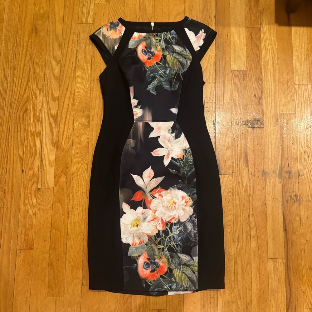 NWT Ted Baker Black Dress with Colorful Floral Print